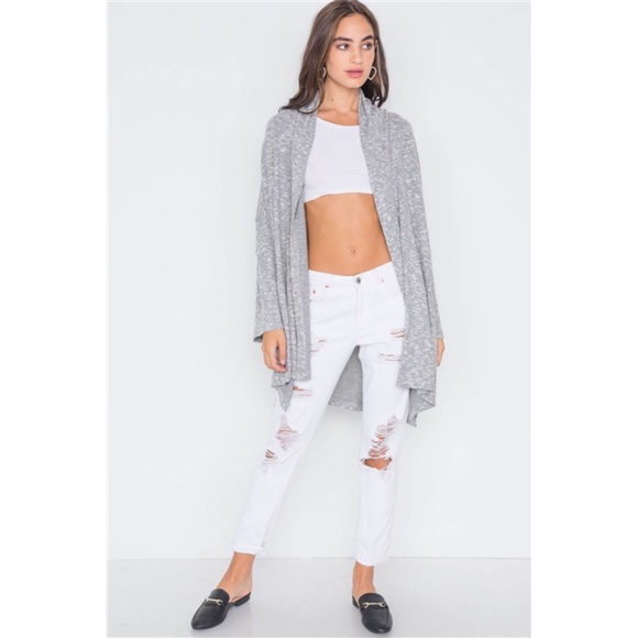 CHARCOAL HEATHERED OPEN FRONT SOFT CASUAL CARDIGAN - Picture 4 of 5